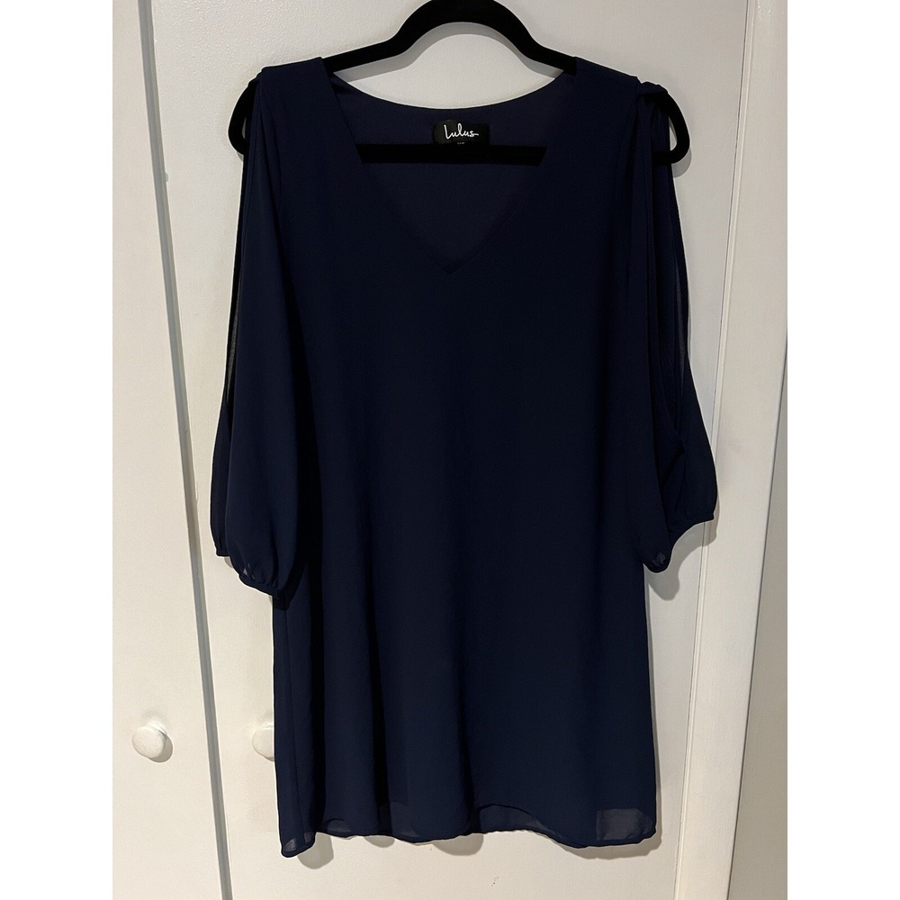 Lulu's Shifting Gears Navy Blue Long Sleeve Dress XS Open‎ Sleeve Chiffon